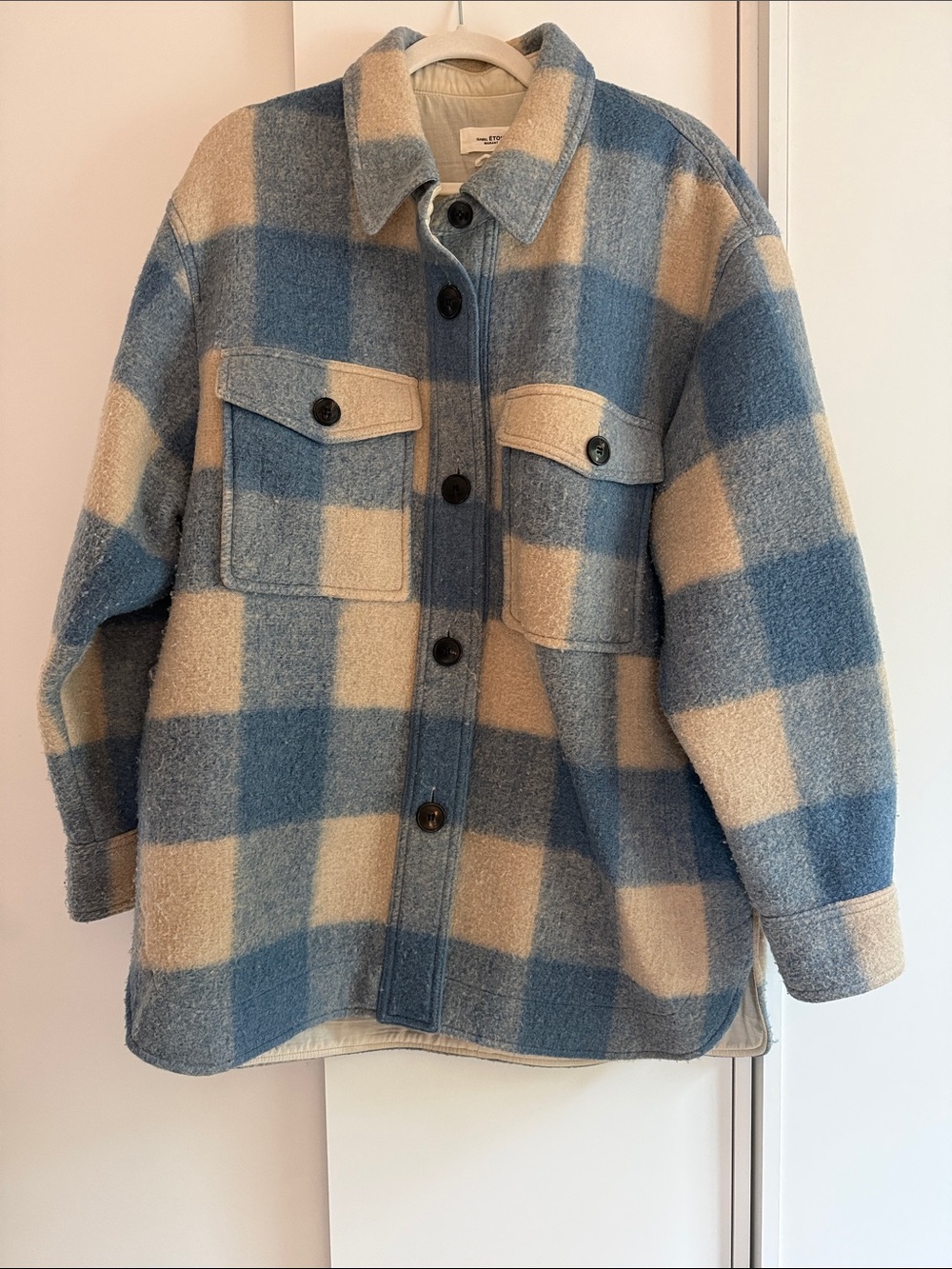 Etoile Isabel Marant Wool-Blend Plaid Shacket in Blue and Cream